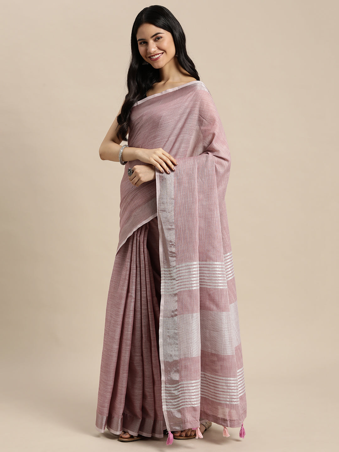 Shree Shyam Fashion Elegant Mauve Woven Linen Saree with Contrast Zari Border & Tassels - Soft & Breathable Party Wear