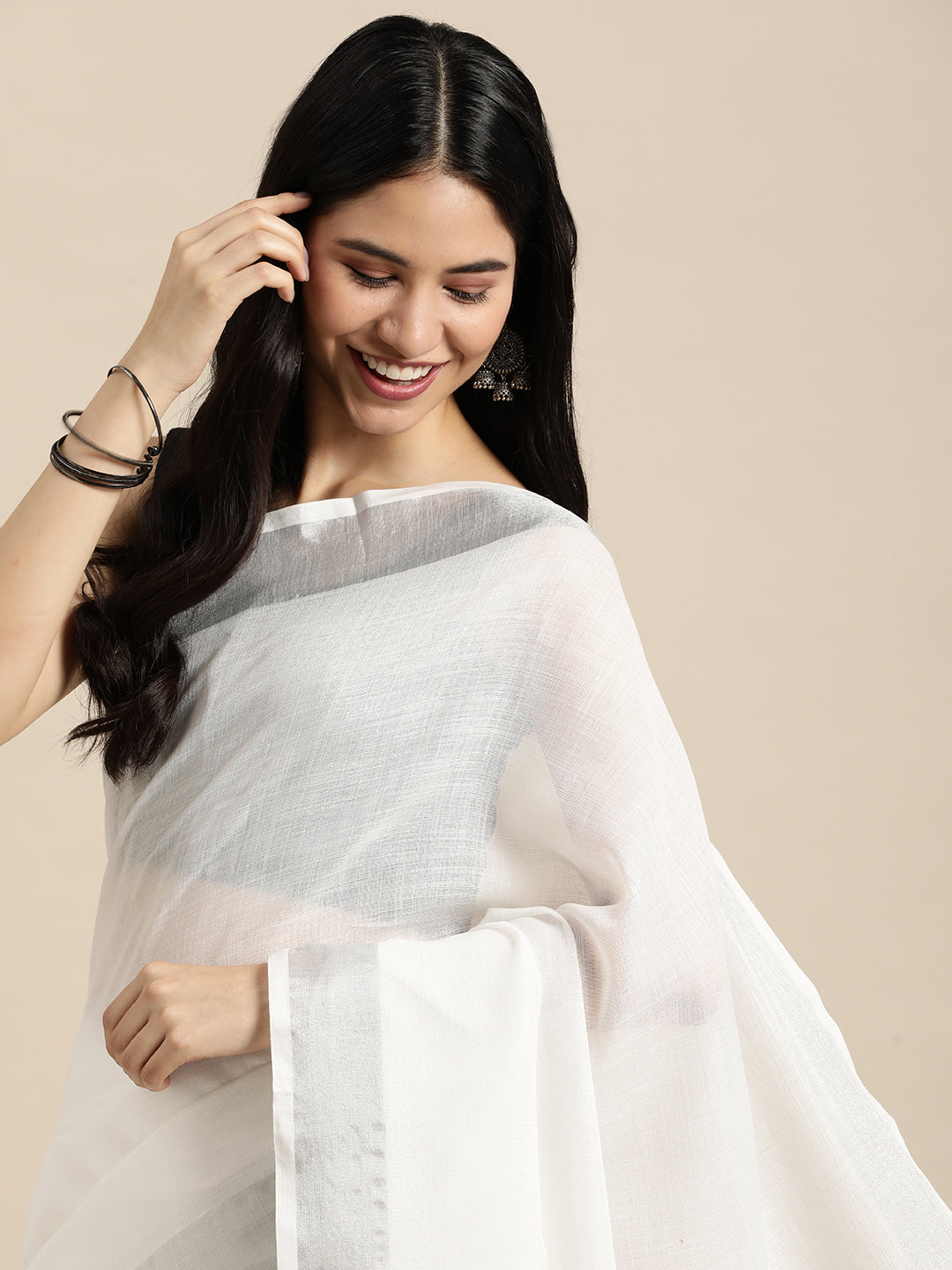 Shree Shyam Fashion Elegant White Woven Linen Saree with Contrast Zari Border & Tassels - Soft & Breathable Party Wear