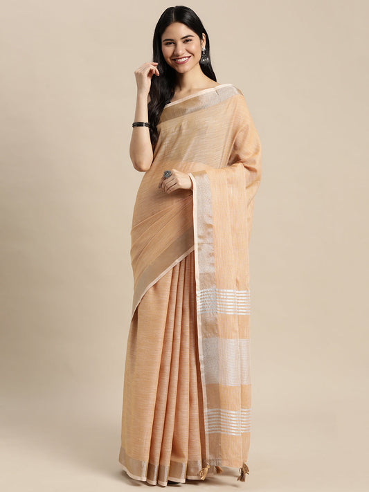 Shree Shyam Fashion Elegant Tan Woven Linen Saree with Contrast Zari Border & Tassels - Soft & Breathable Party Wear