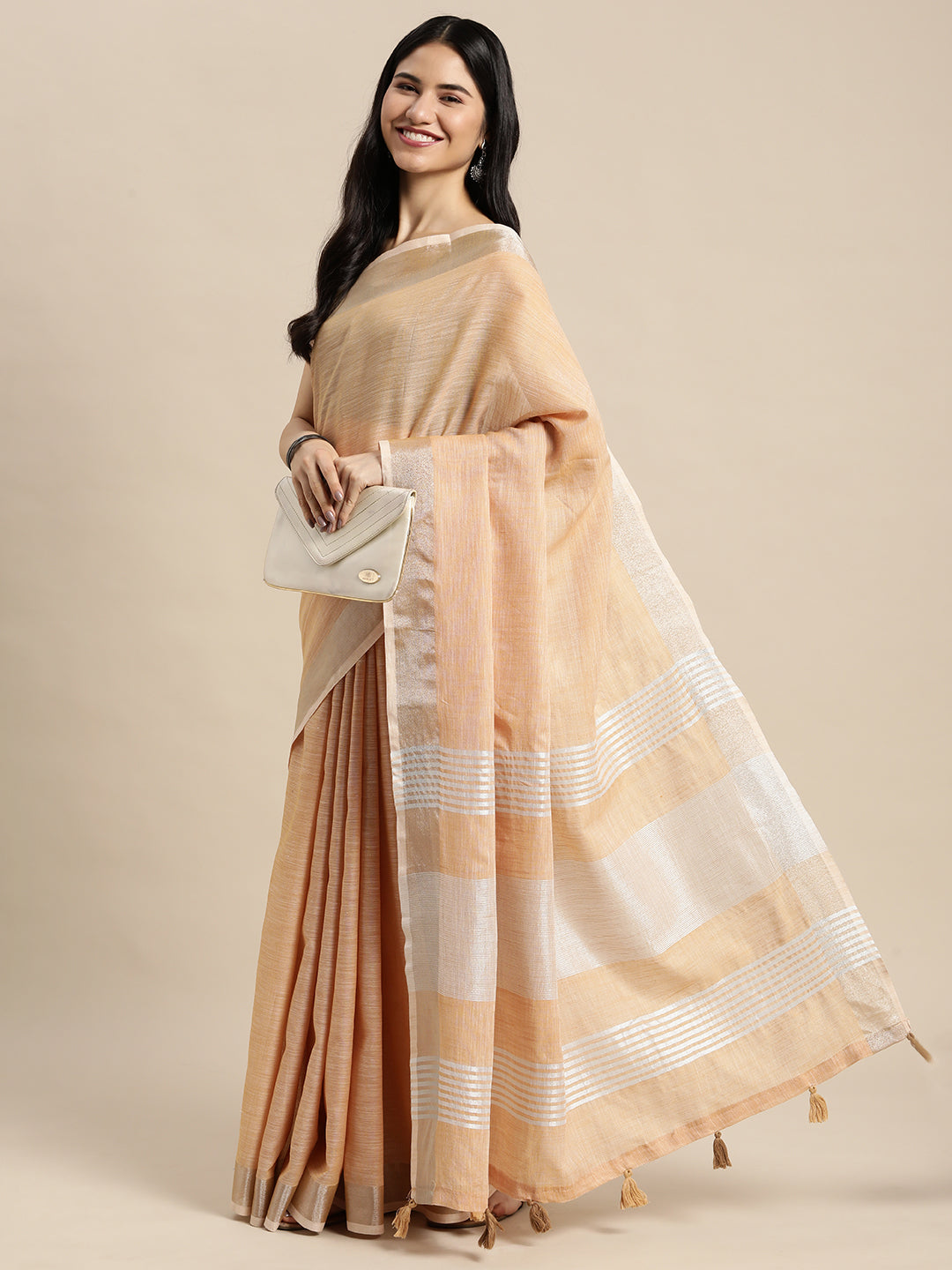 Shree Shyam Fashion Elegant Tan Woven Linen Saree with Contrast Zari Border & Tassels - Soft & Breathable Party Wear