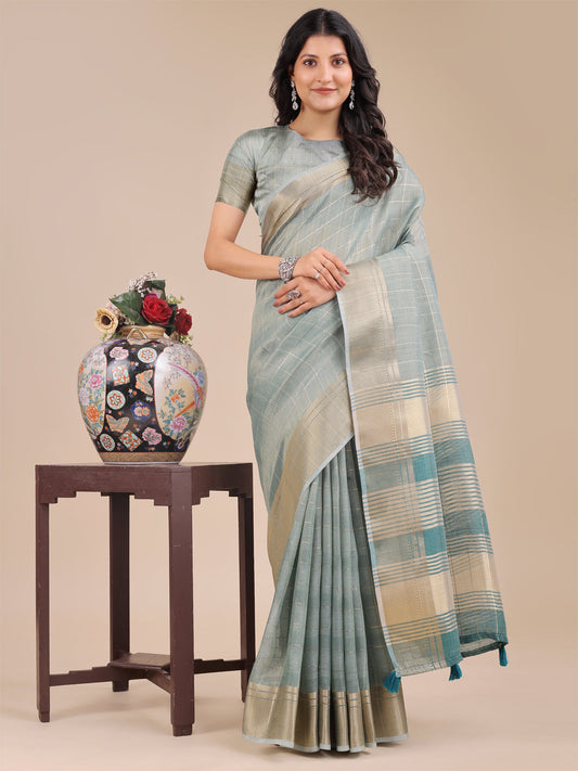 Shree Shyam Fashion Sea Green Organza Woven Zari Work Traditional Tassel Saree