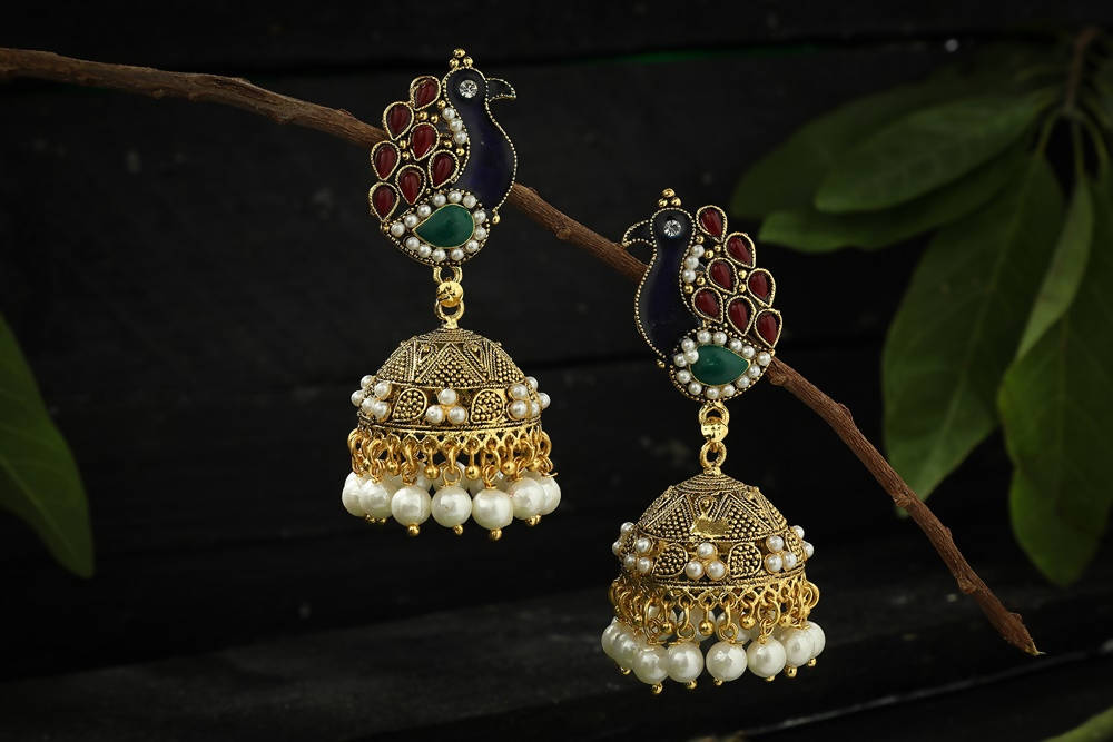Mominos Fashion Johar Kamal Traditional Peacock Design Multi Color Jhumka - Grab2buy
