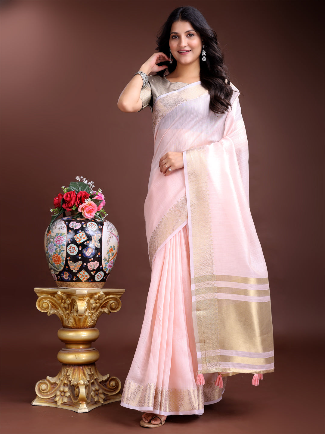 Shree Shyam Fashion Elegant Light Pink Woven Linen Saree with Contrast Zari Border & Tassels - Soft & Breathable Party Wear