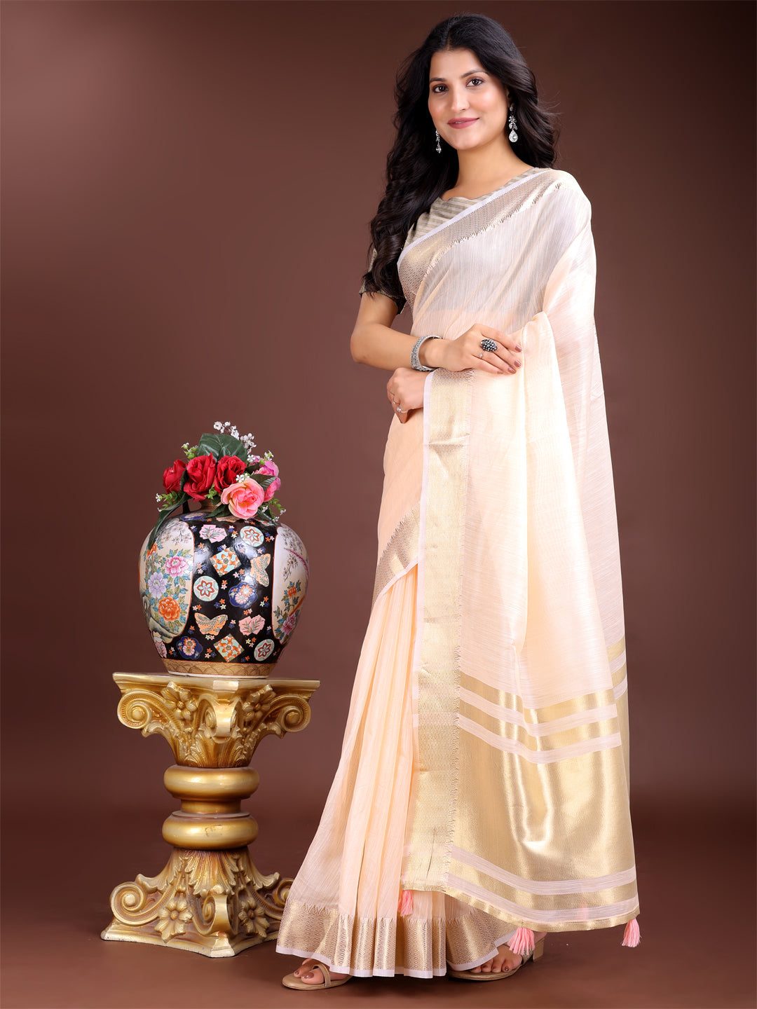 Shree Shyam Fashion Elegant Peach Woven Linen Saree with Contrast Zari Border & Tassels - Soft & Breathable Party Wear