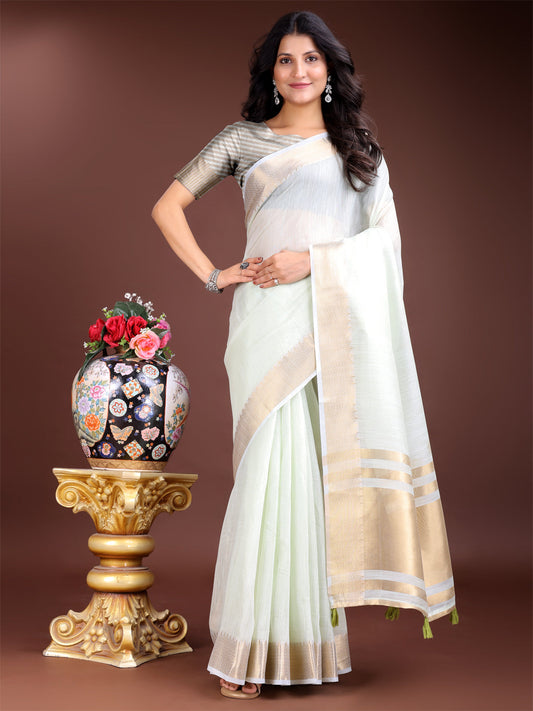 Shree Shyam Fashion Elegant Light Green Woven Linen Saree with Contrast Zari Border & Tassels - Soft & Breathable Party Wear
