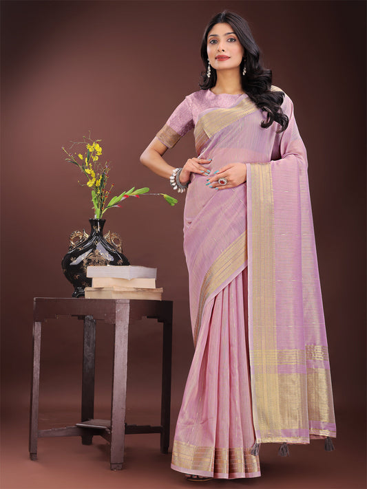 Shree Shyam Fashion Elegant Purple Organza Saree with Golden Zari Border - Festive & Office Wear Saree with Blouse Piece
