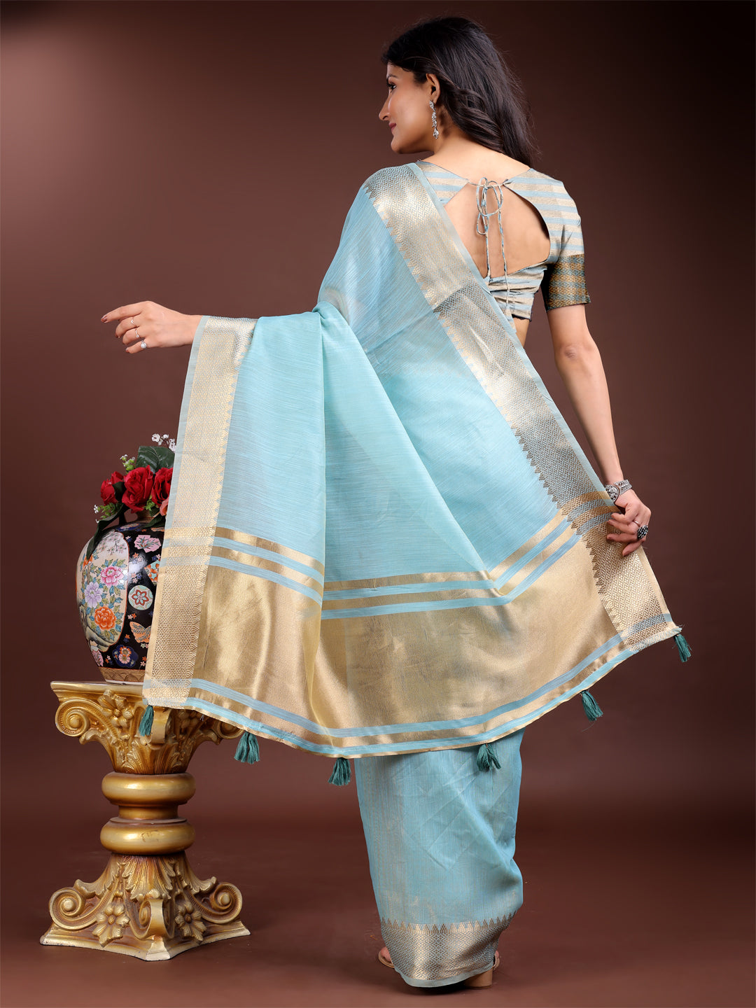 Shree Shyam Fashion Sky Blue Gold Cotton Ready-to-Wear Saree - Simplicity Meets Effortless Grace