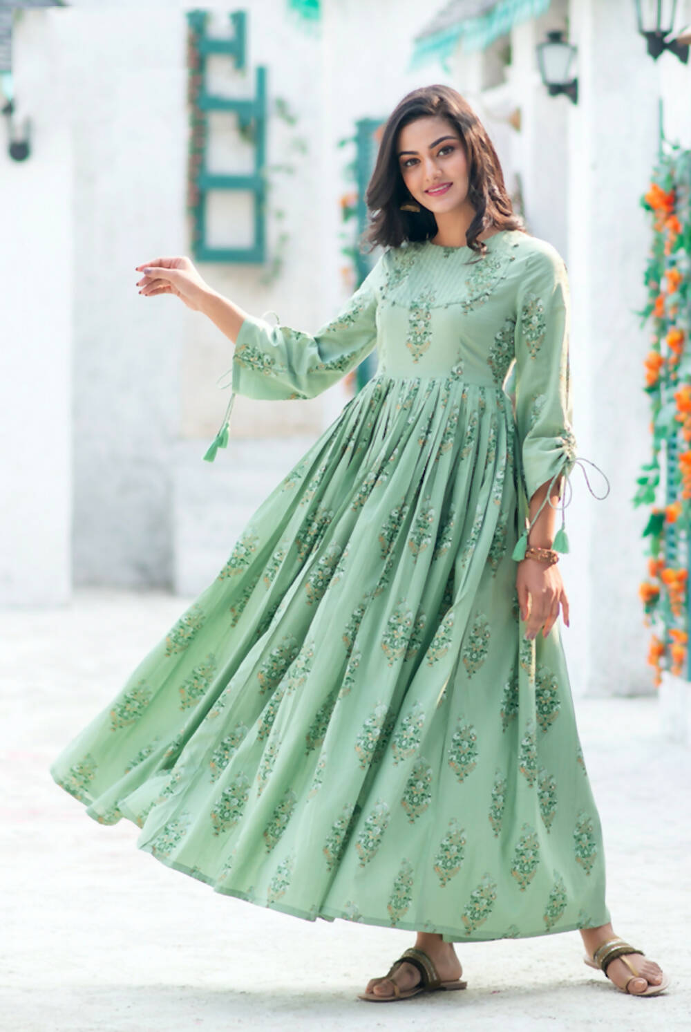 Partywear Designer Digital Printed Moss Green Pure Maslin Gown - Anbazaar