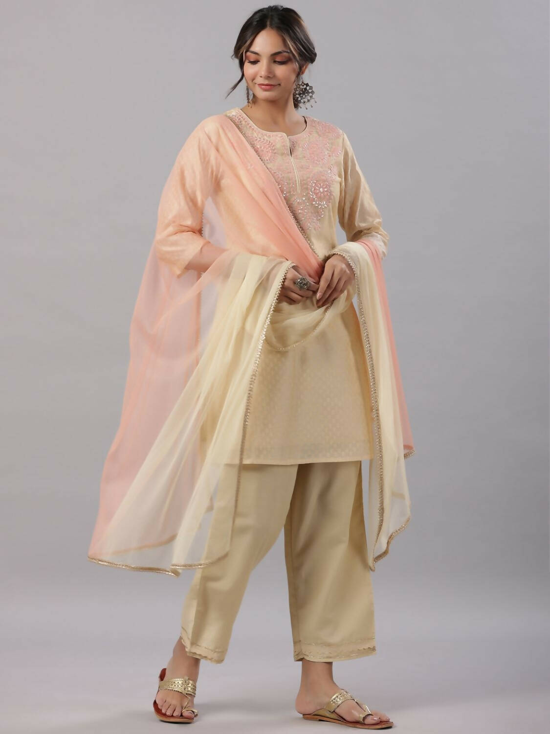 Juniper Women Gold Modal Chanderi Embroidered Kurta, Pants and Dupatta Set