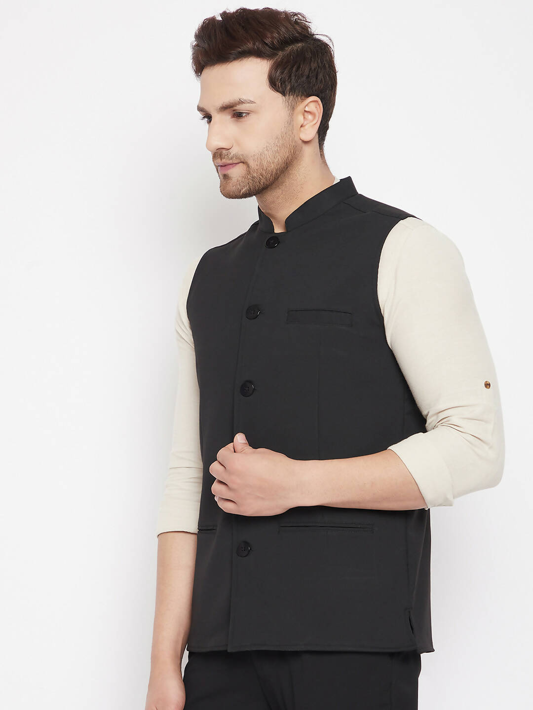 Even Apparels Black Merino Men Woven Nehru Jacket PW668 