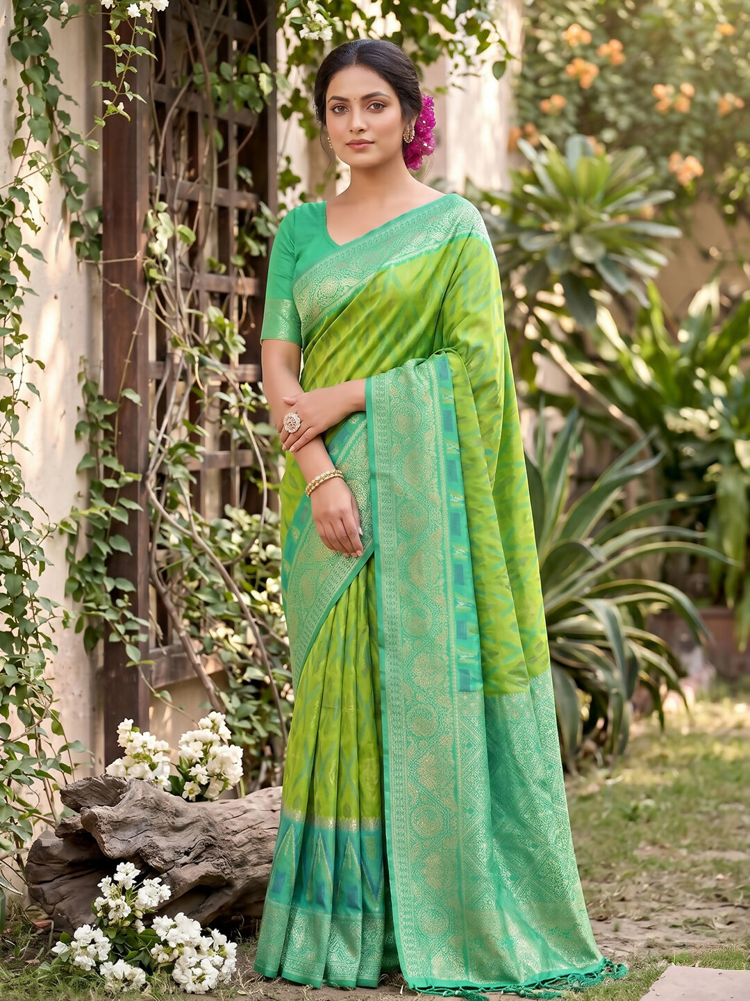 Shree Shyam Fashion Rama Green Soft Silk Saree