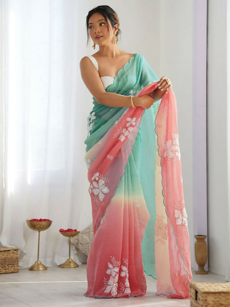 PR Fashion Rama_Peach Gold Crush Embroidery Work Saree