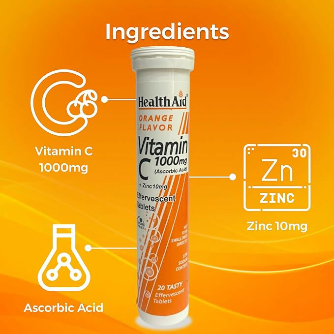 HealthAid Vitamin C 1000mg Orange Flavour with Zinc Effervescent Tablets 