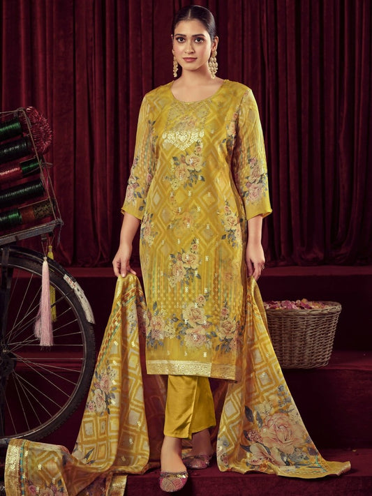 Aastha Fashion Women's Mustard Organza Jacquard Woven Kurta with Trouser & Dupatta - Grab2buy