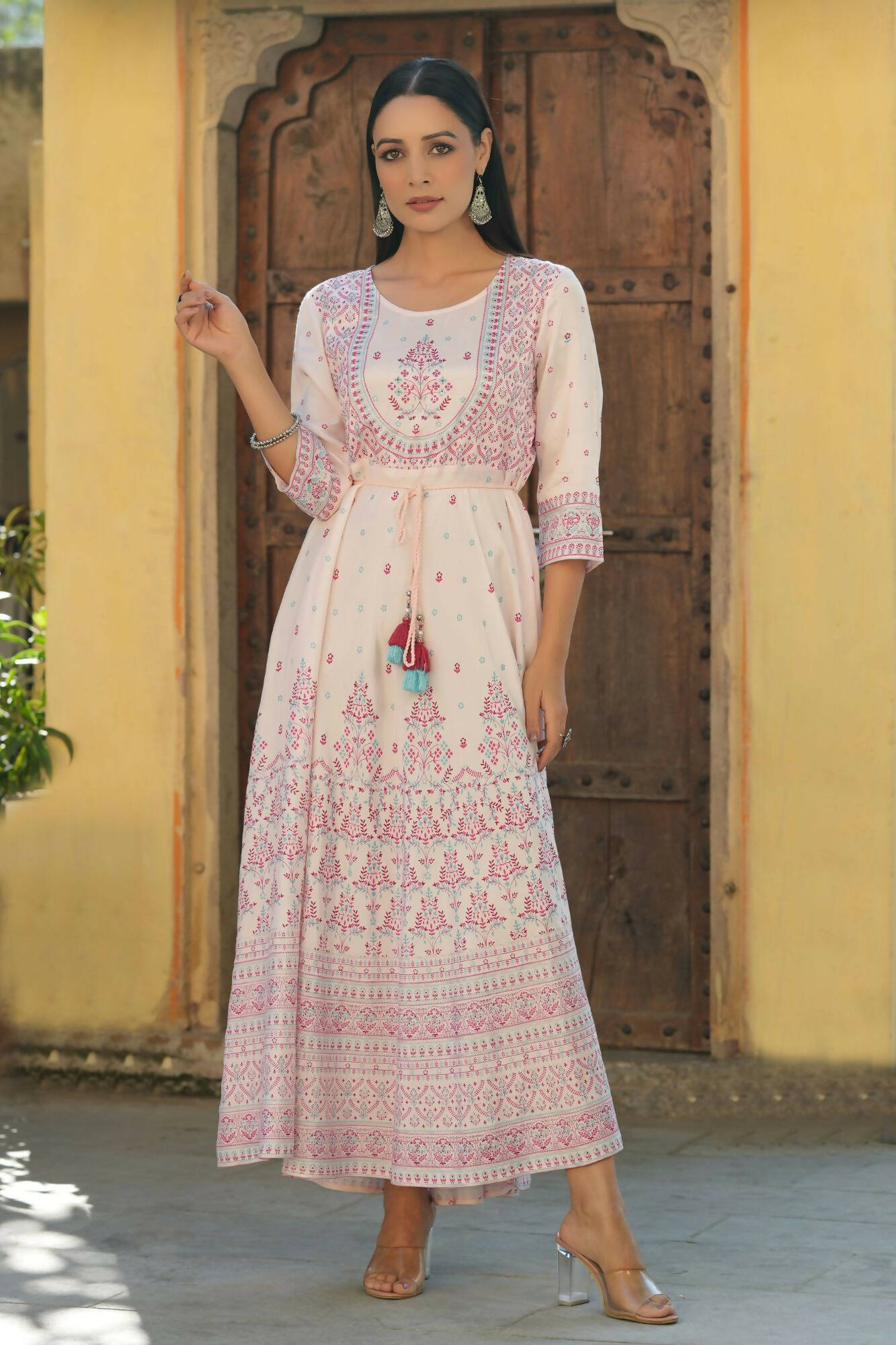 Juniper Women's Pink Viscose Shantoon Festive Printed Flared Dress