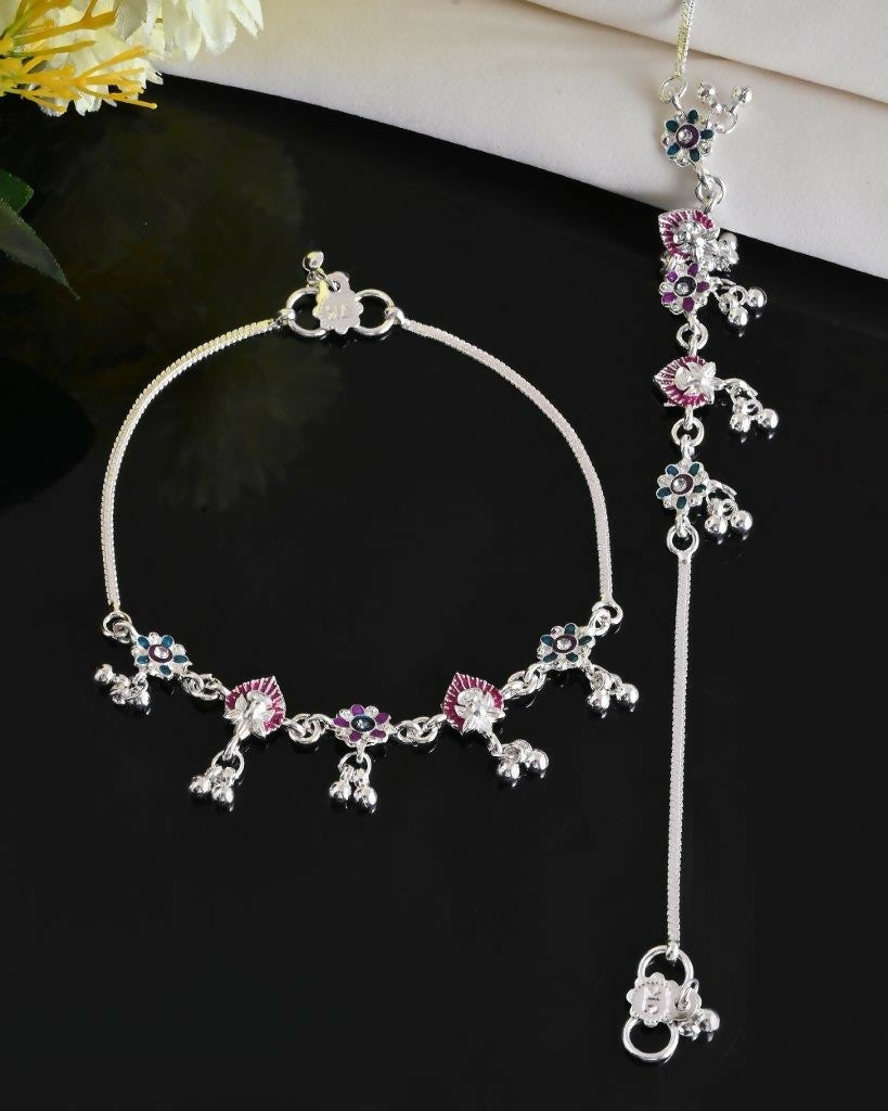 VOJ Set of 2 Silver Plated Designer Multi Color Anklet 
