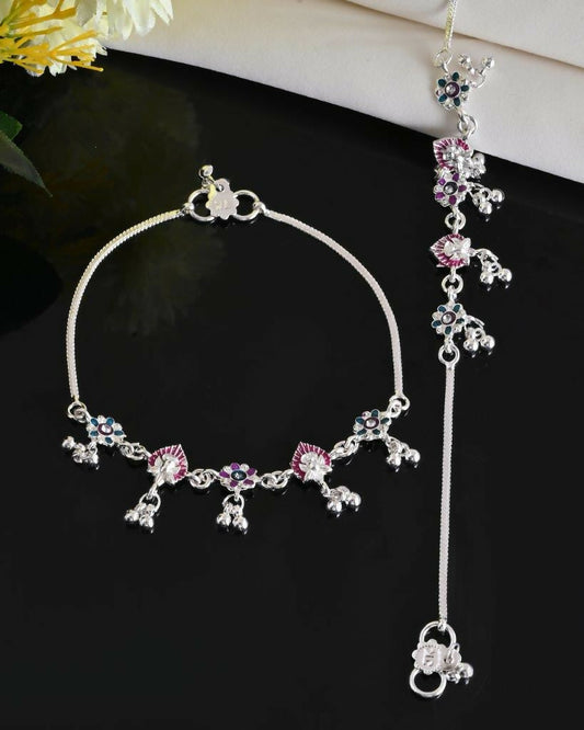 VOJ Set of 2 Silver Plated Designer Multi Color Anklet 
