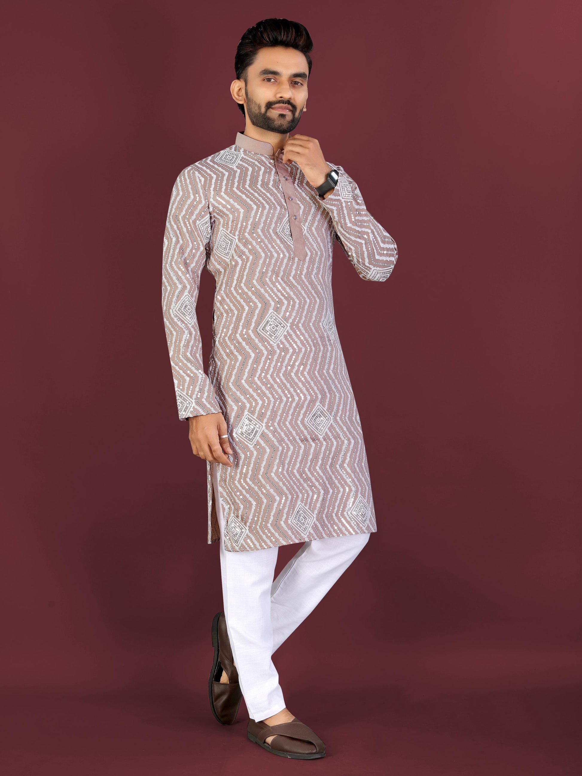 Neera Trendz Brown Soft Silk Embroidered Men's Kurta Pyjama 