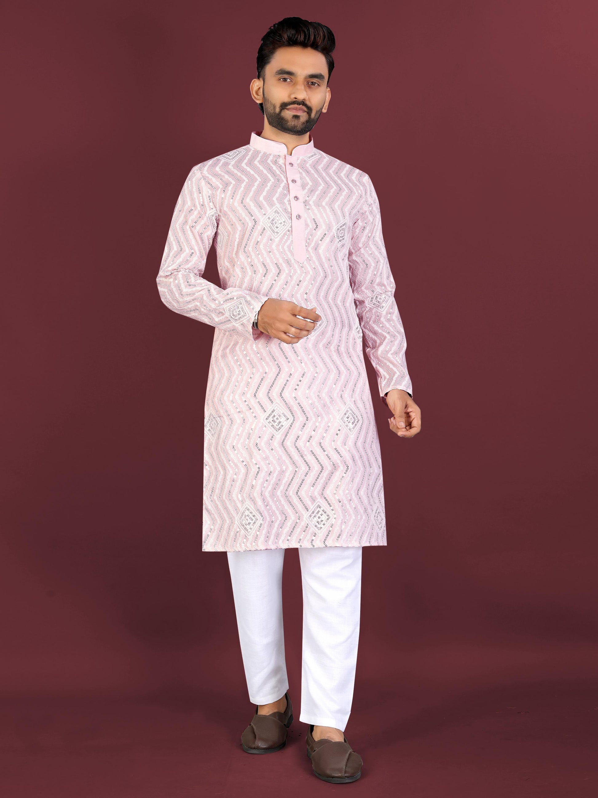 Neera Trendz Pink Soft Silk Embroidered Men's Kurta Pyjama 