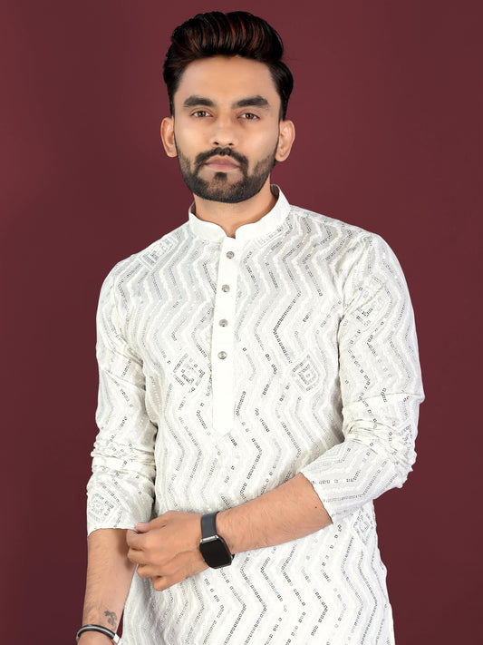Neera Trendz White Soft Silk Embroidered Men's Kurta Pyjama 