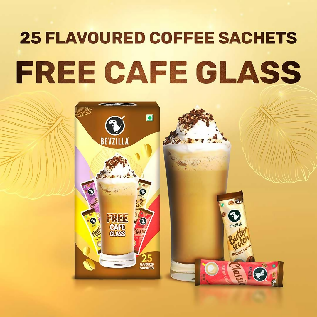 Bevzilla Premium Glass & 25 Flavoured Coffee Sachets 