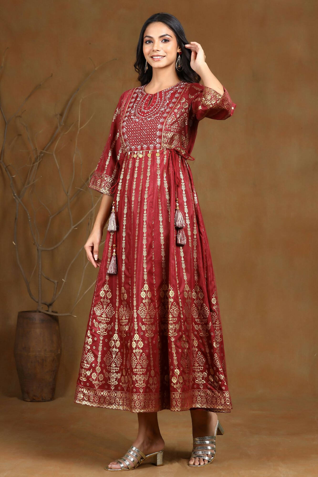 Juniper Women Maroon Shantoon Printed Anarkali Dress