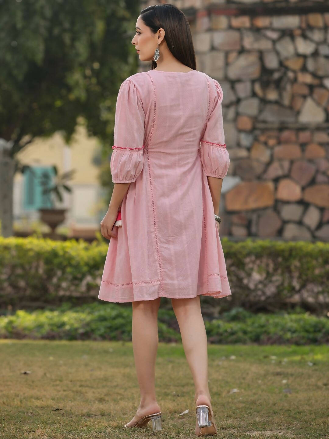 Juniper Women's Pink Cotton Dobby Embroidered Flared Dress