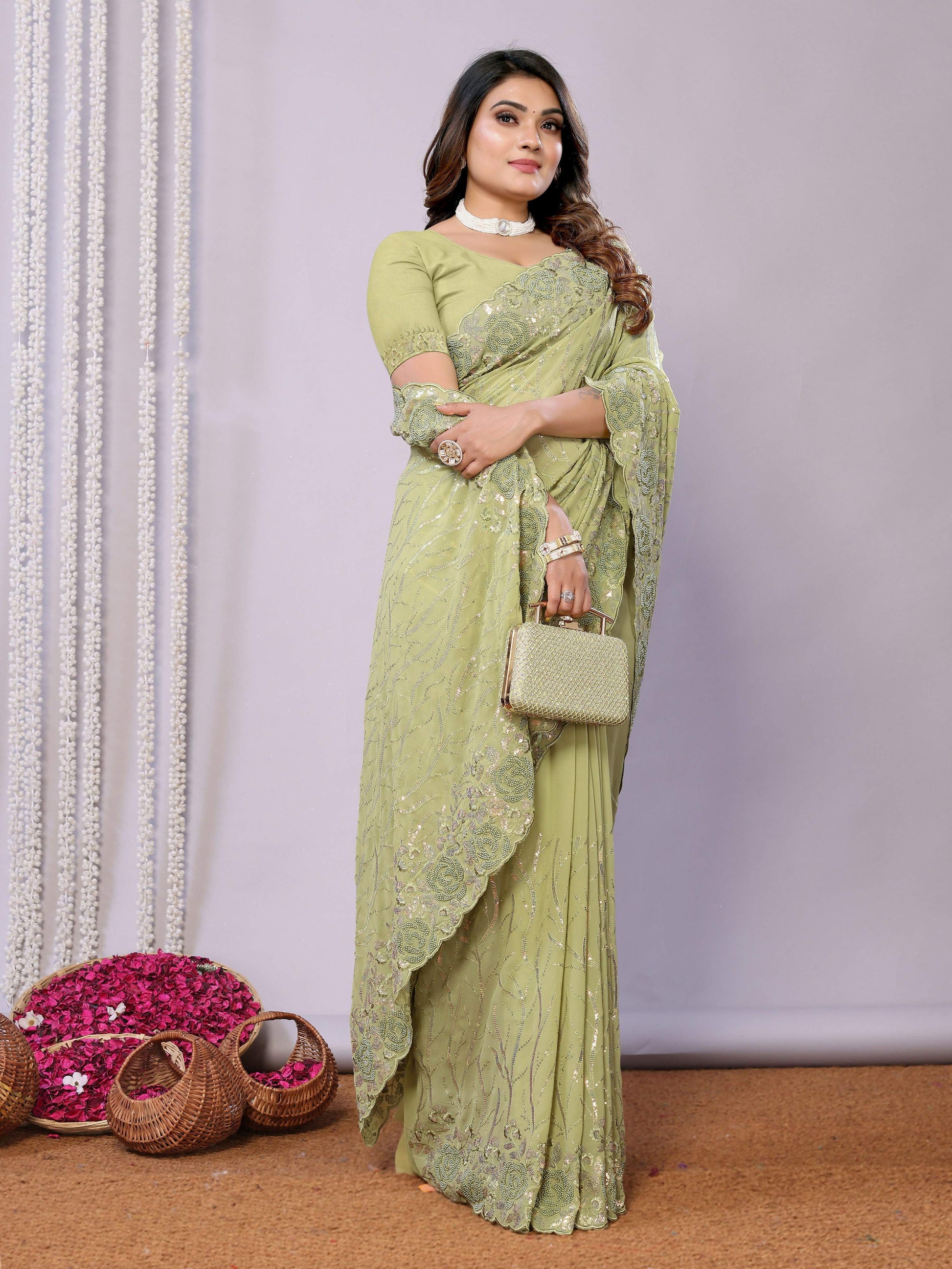Gajari Pure Georgette Embroidered Saree With Stitched Blouse - Nimaya Kaksha