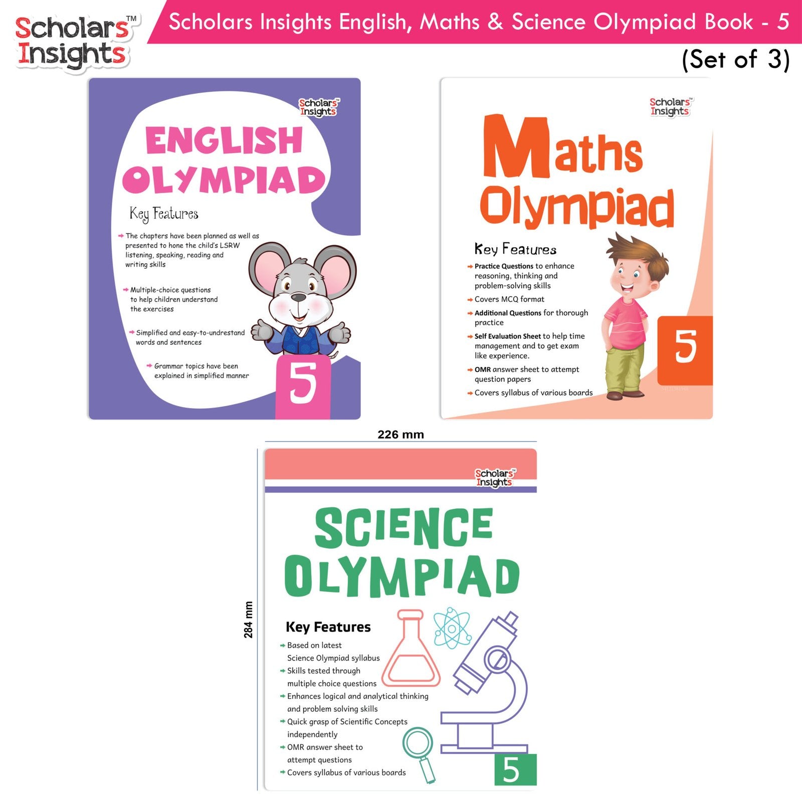 Scholars Insights Olympiad English, Maths and Science Workbooks Grade 5| Set of 3| Ages 10 - 12 Year 