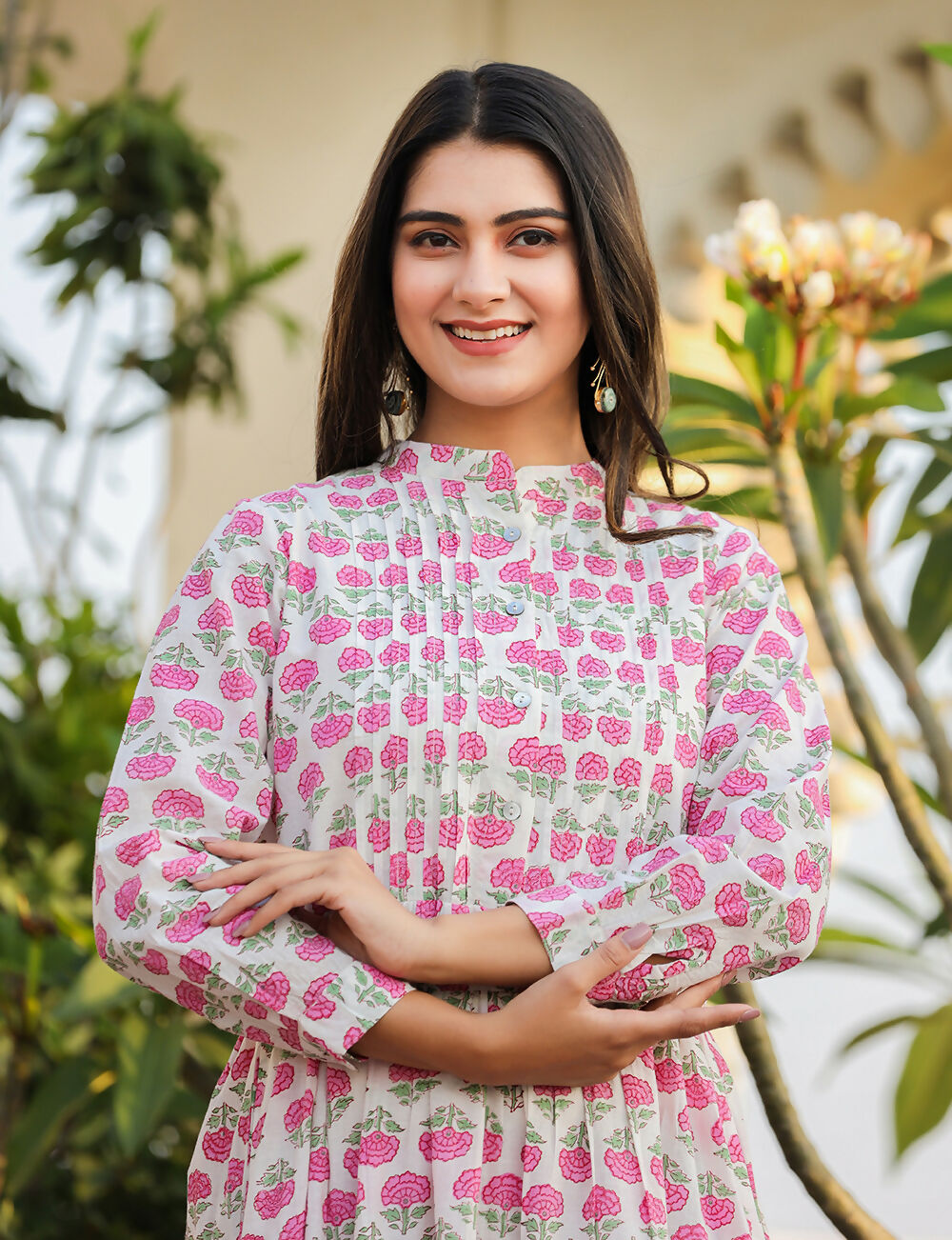 Kaajh Women's Pink Floral Print Cotton Handblock Dress