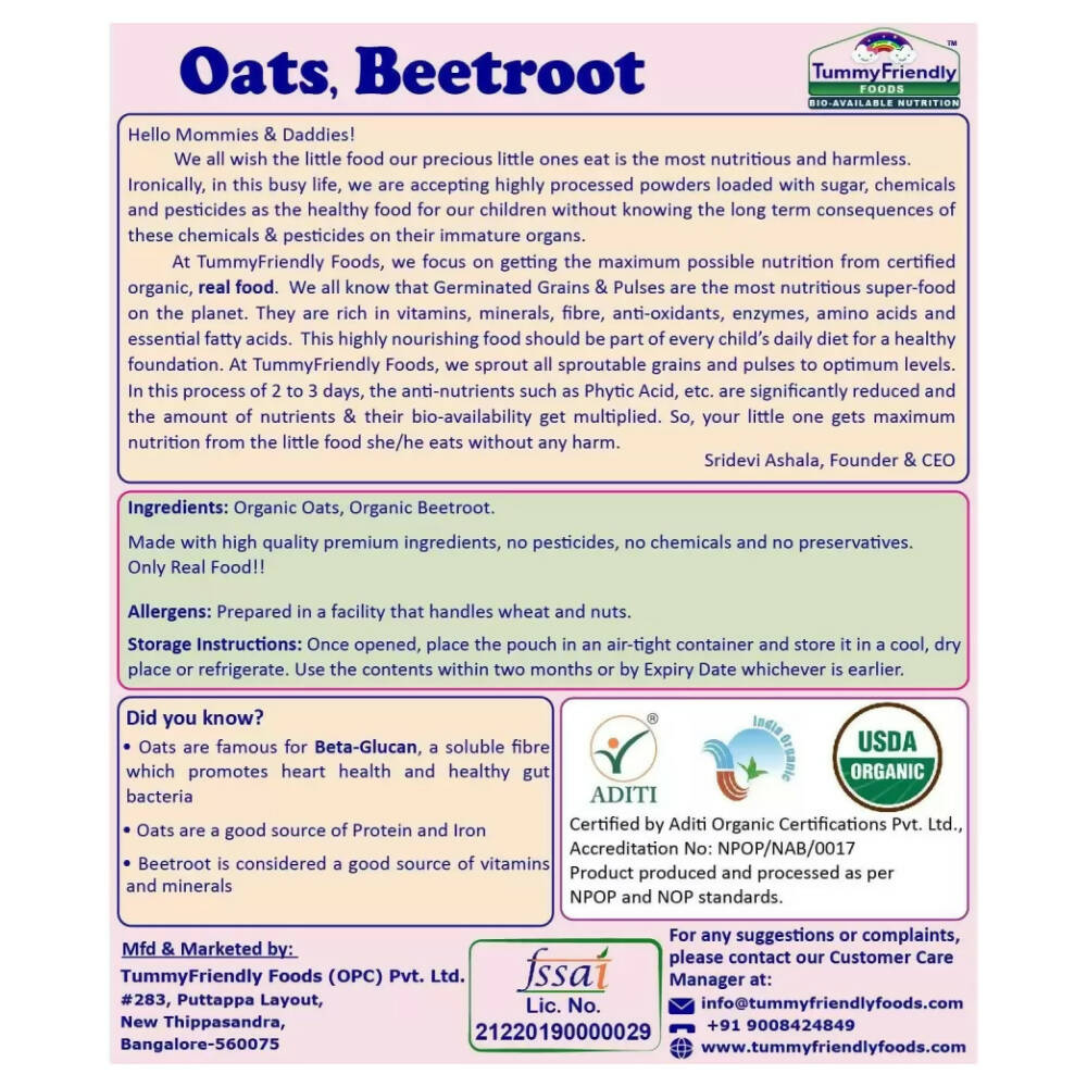 TummyFriendly Foods Certified Organic Oats, Beetroot Porridge Mix for 6 Months Old  Grab2Buy TummyFriendly Foods Grab2Buy
