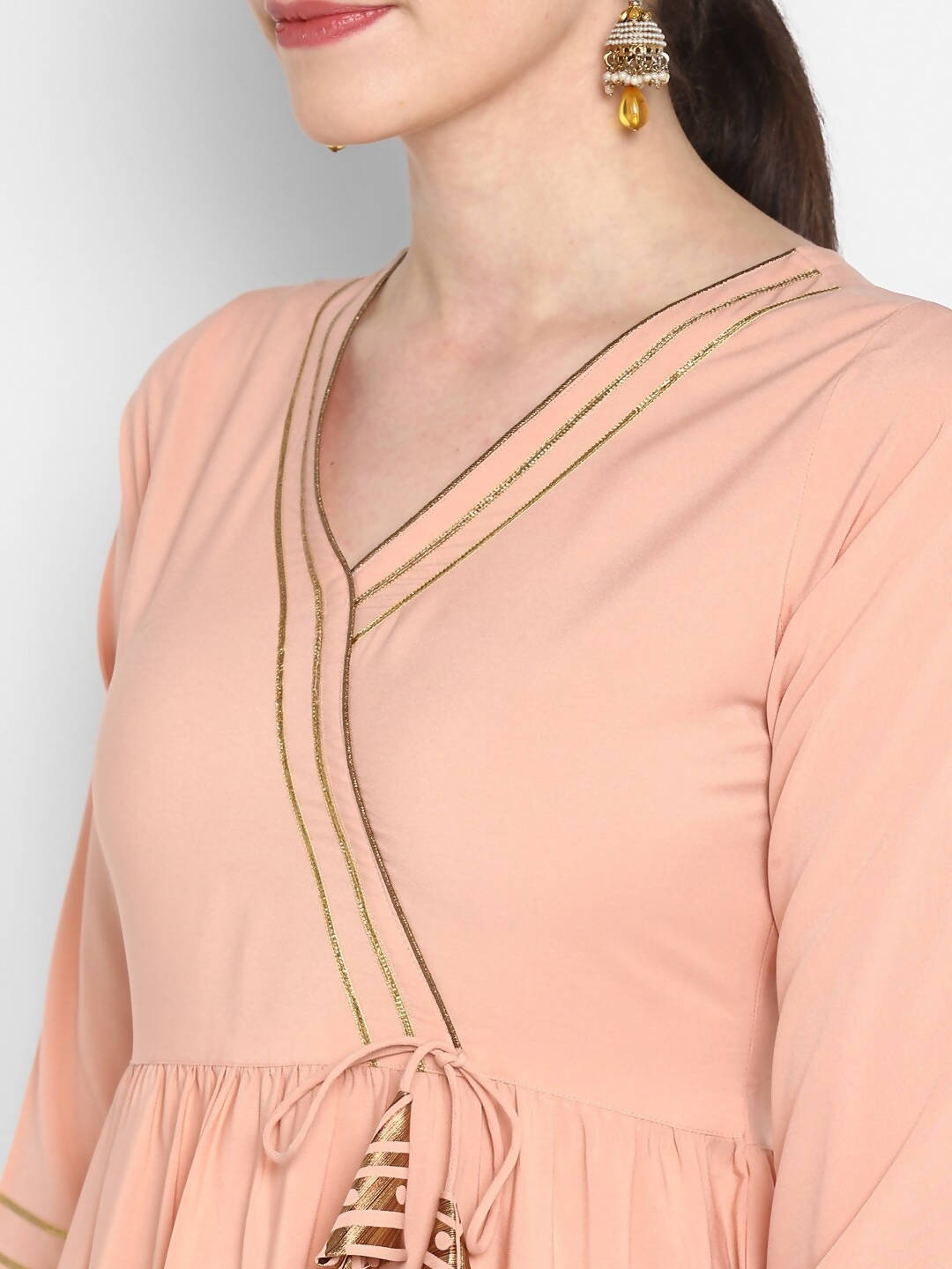 Janasya Women Peach-Coloured & Maroon Printed Angrakha Gotta Patti Kurta with Dhoti Pants