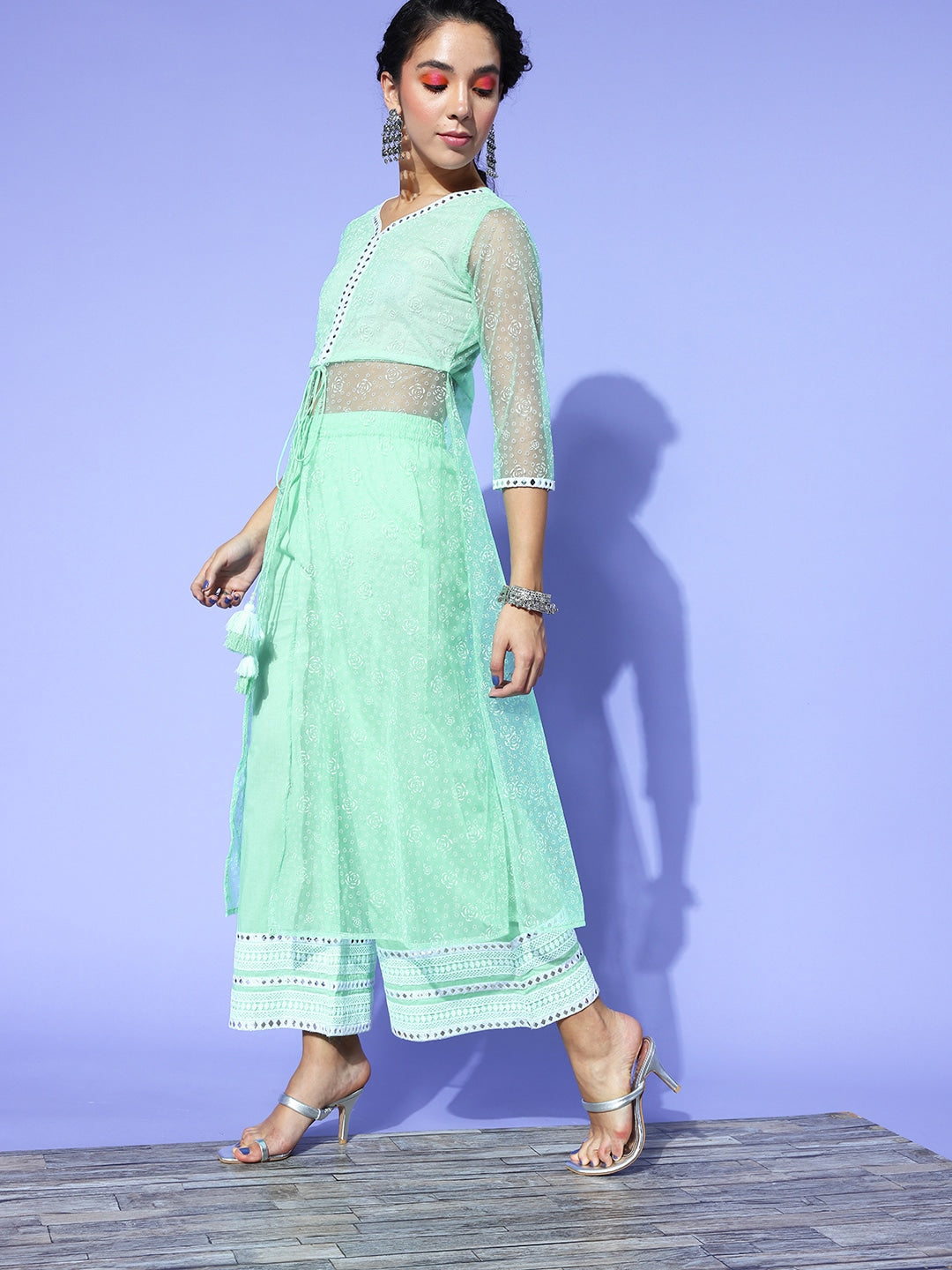 Yufta Sea Green Printed Top with Trousers 