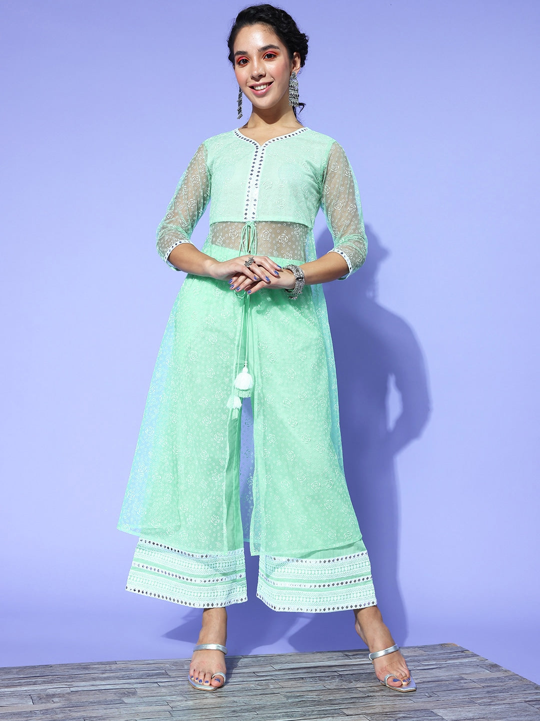 Yufta Sea Green Printed Top with Trousers 