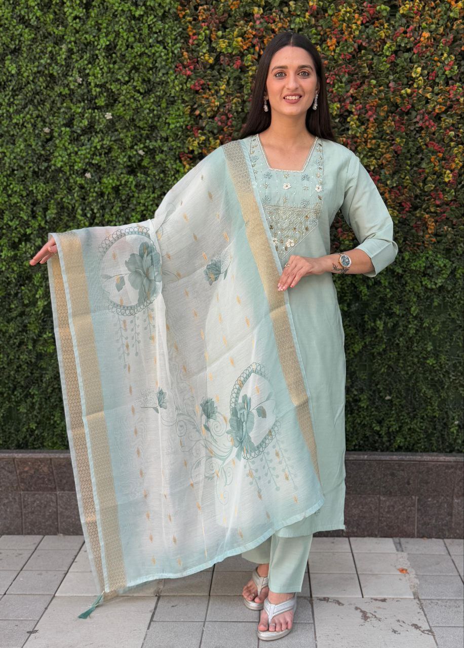 Lorenvalley Fashion Seagreen Roman Silk Hand Work Kurta Pant with Dupatta 