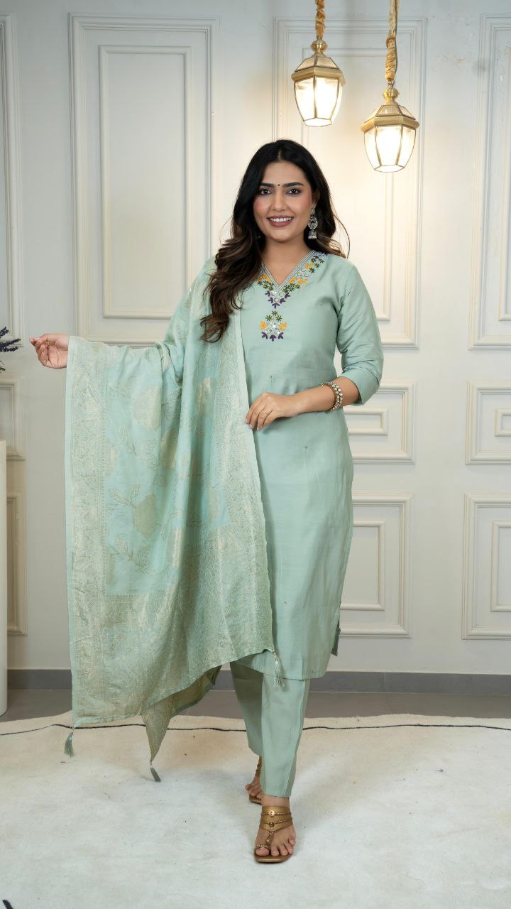 Lorenvalley Fashion Seagreen Roman Silk Hand Work Kurta Pant with Dupatta 