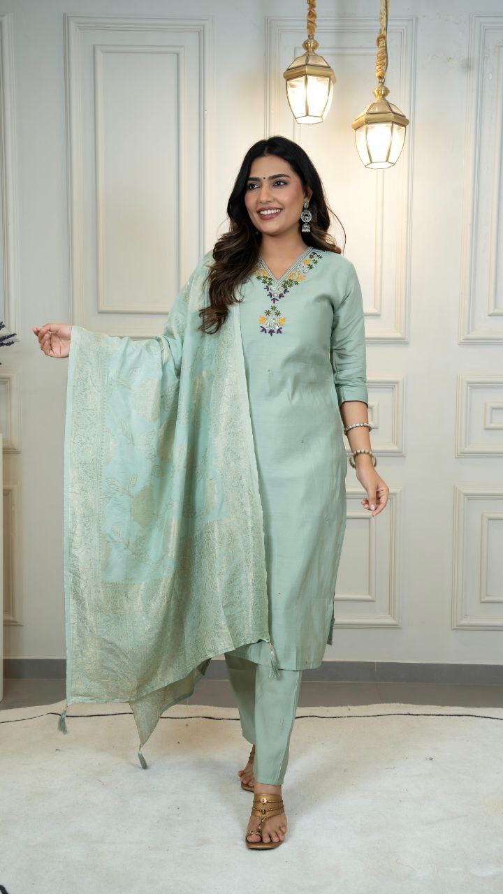 Lorenvalley Fashion Seagreen Roman Silk Hand Work Kurta Pant with Dupatta 