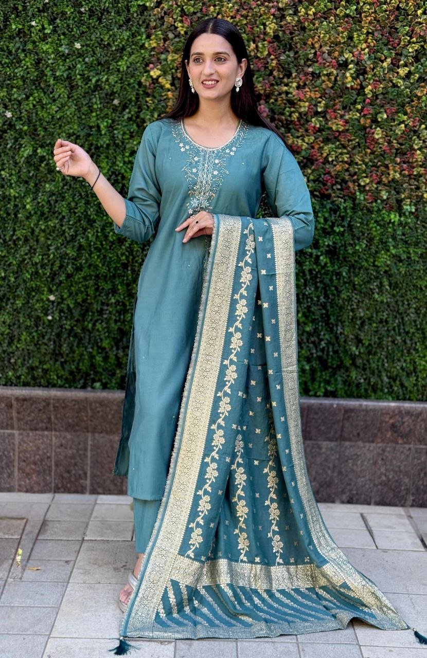 Lorenvalley Fashion Seagreen Roman Silk Hand Work Kurta Pant with Dupatta