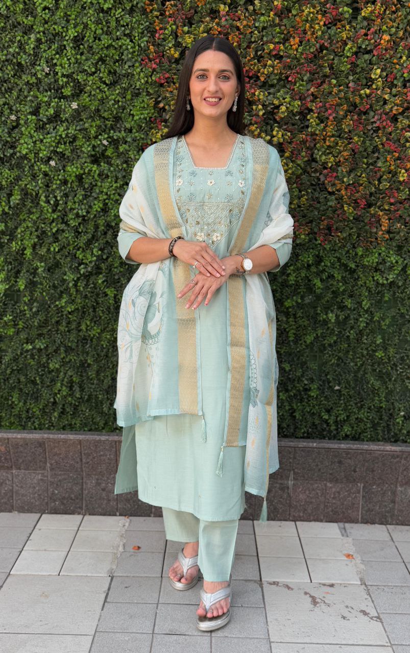 Lorenvalley Fashion Seagreen Roman Silk Hand Work Kurta Pant with Dupatta 