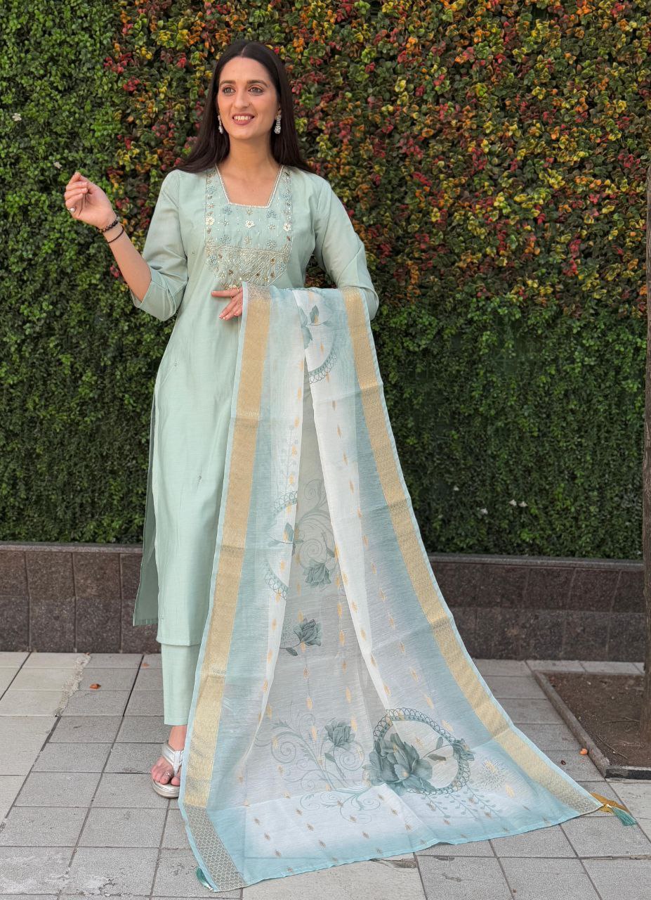 Lorenvalley Fashion Seagreen Roman Silk Hand Work Kurta Pant with Dupatta 
