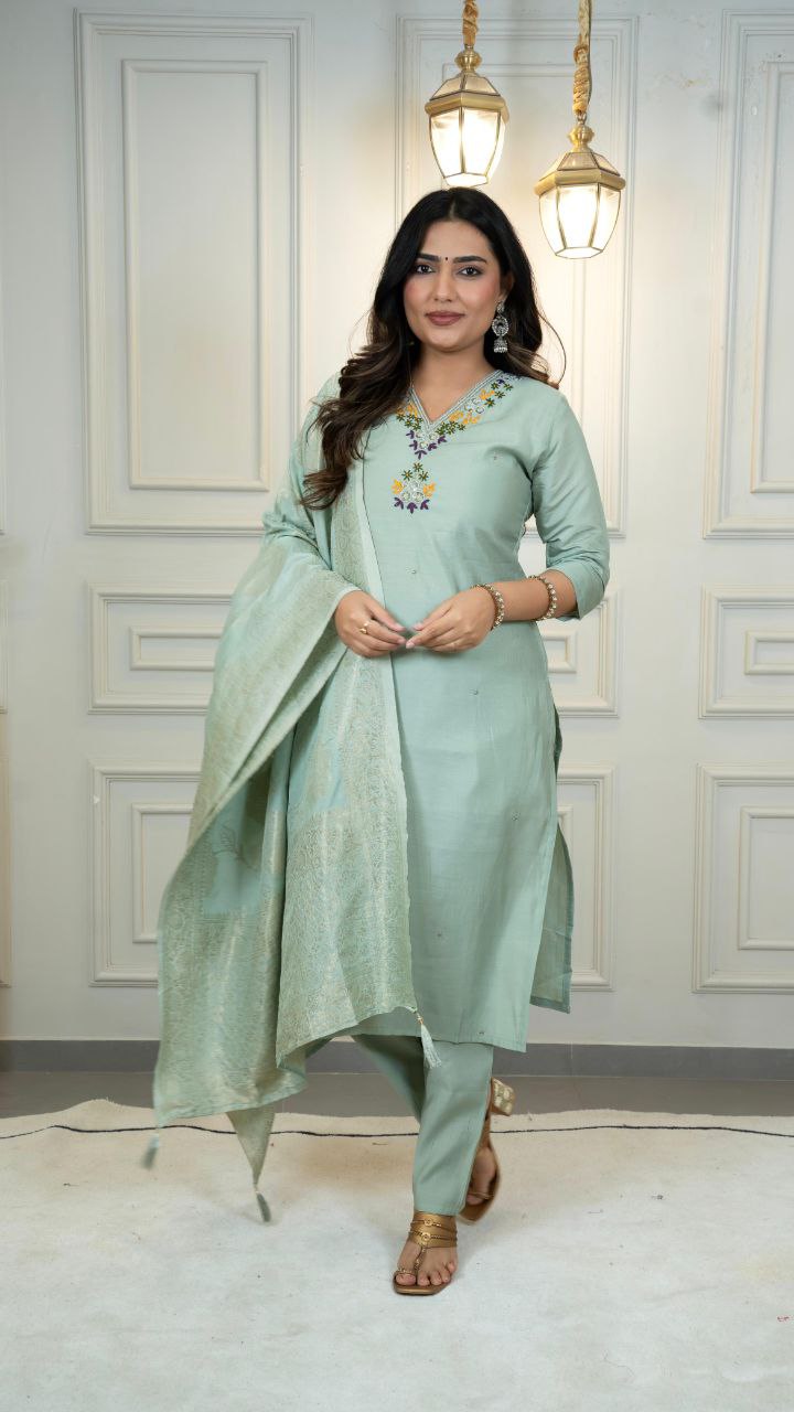 Lorenvalley Fashion Seagreen Roman Silk Hand Work Kurta Pant with Dupatta 