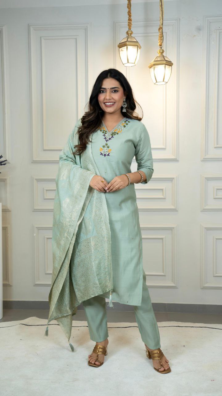 Lorenvalley Fashion Seagreen Roman Silk Hand Work Kurta Pant with Dupatta 