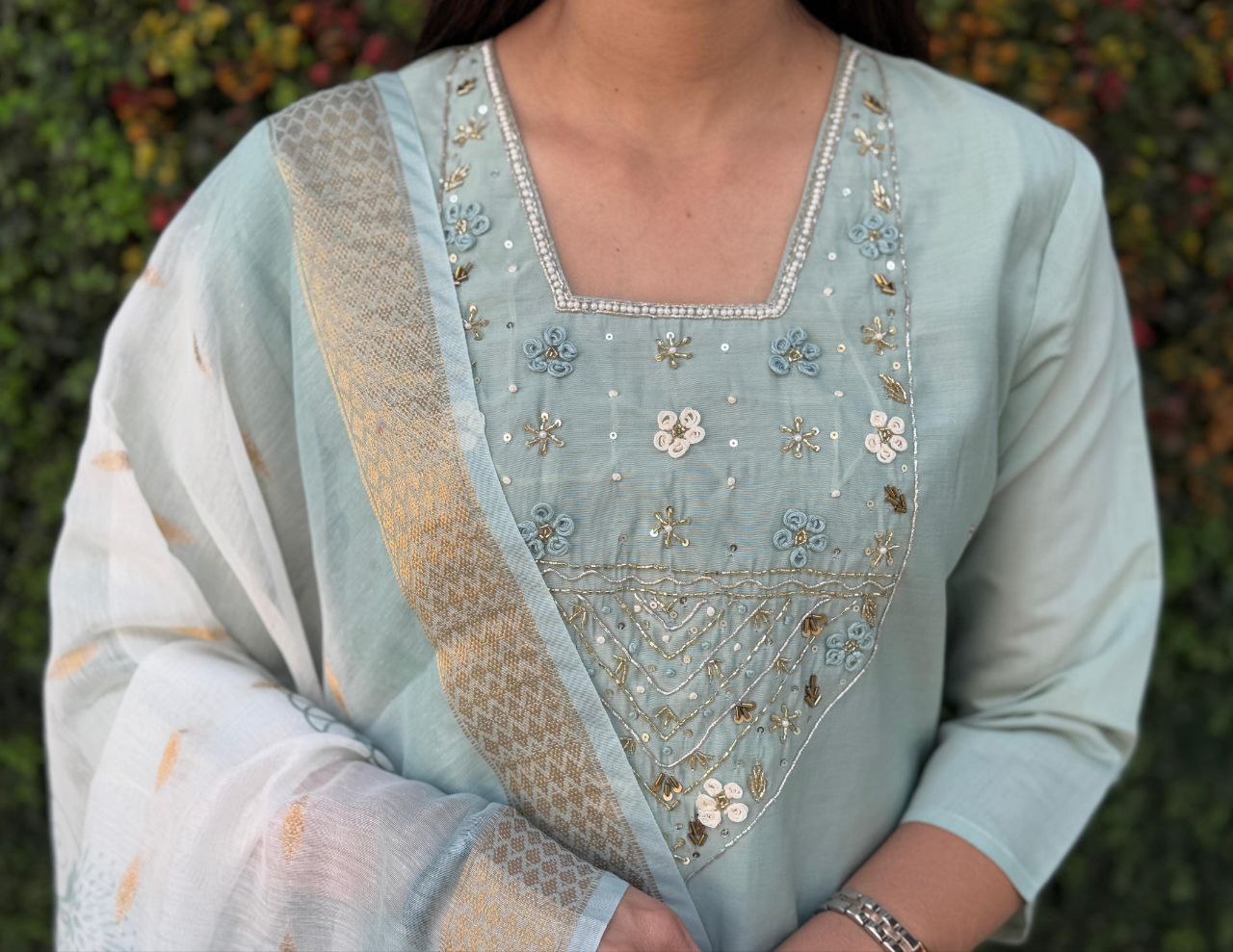 Lorenvalley Fashion Seagreen Roman Silk Hand Work Kurta Pant with Dupatta 