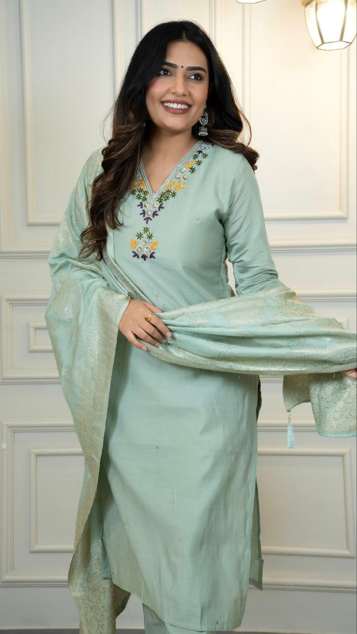 Lorenvalley Fashion Seagreen Roman Silk Hand Work Kurta Pant with Dupatta 