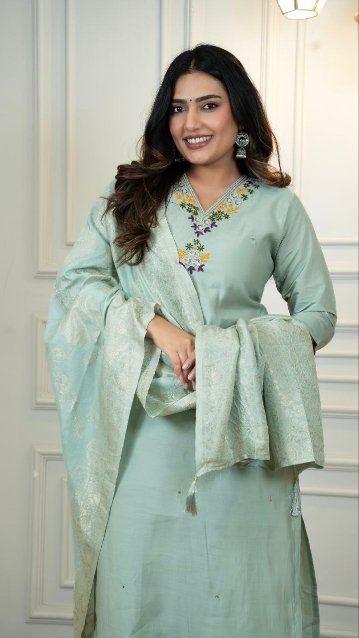 Lorenvalley Fashion Seagreen Roman Silk Hand Work Kurta Pant with Dupatta 