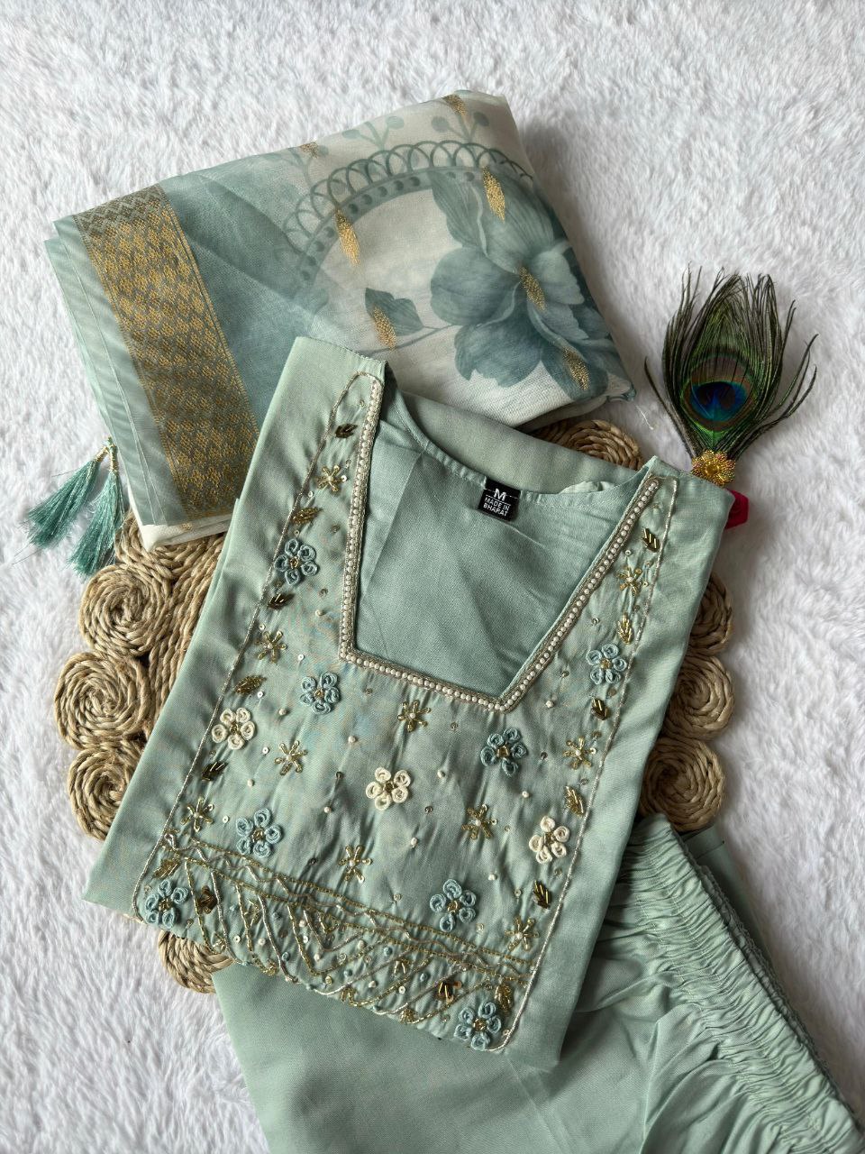 Lorenvalley Fashion Seagreen Roman Silk Hand Work Kurta Pant with Dupatta 
