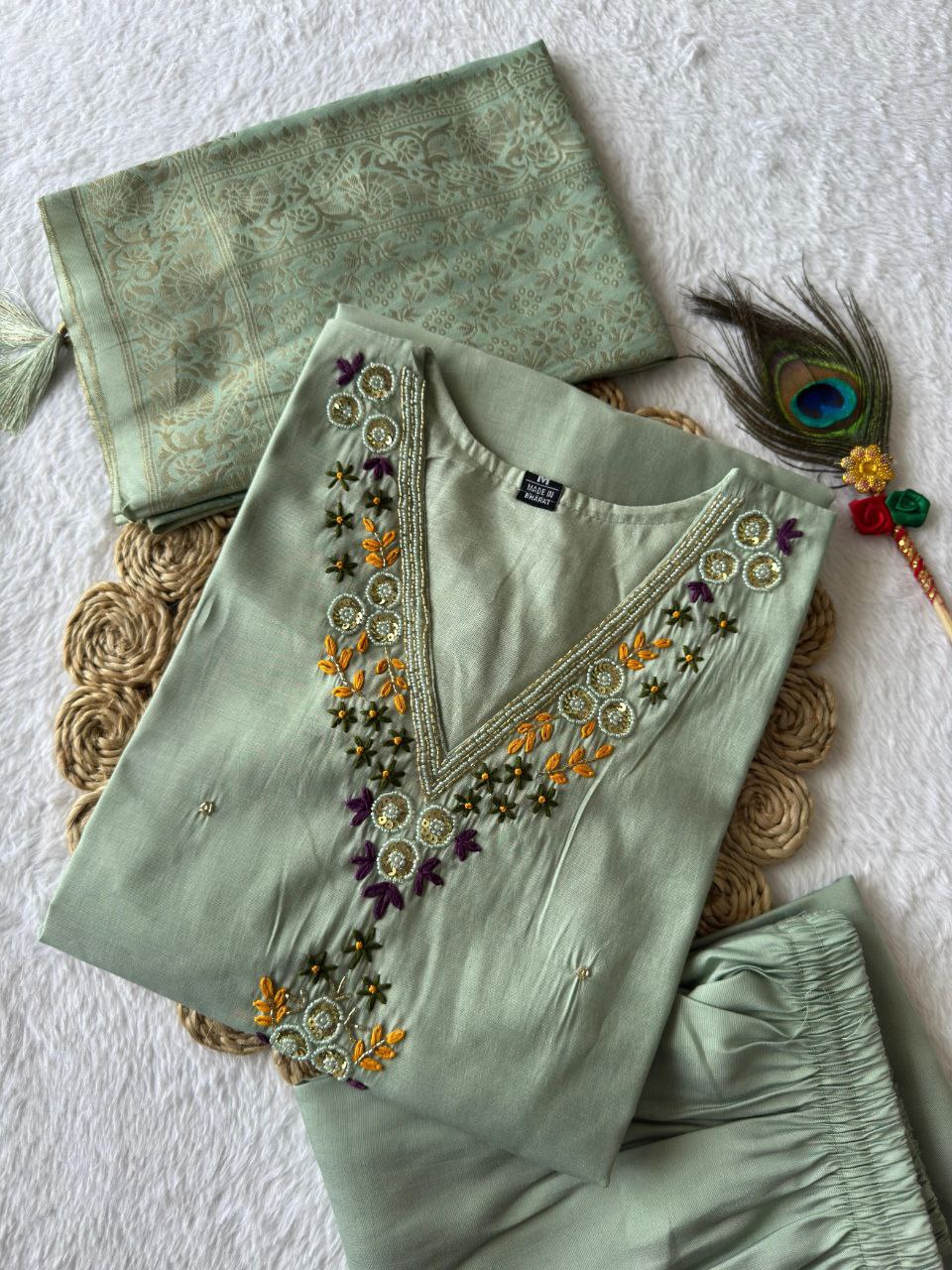 Lorenvalley Fashion Seagreen Roman Silk Hand Work Kurta Pant with Dupatta 