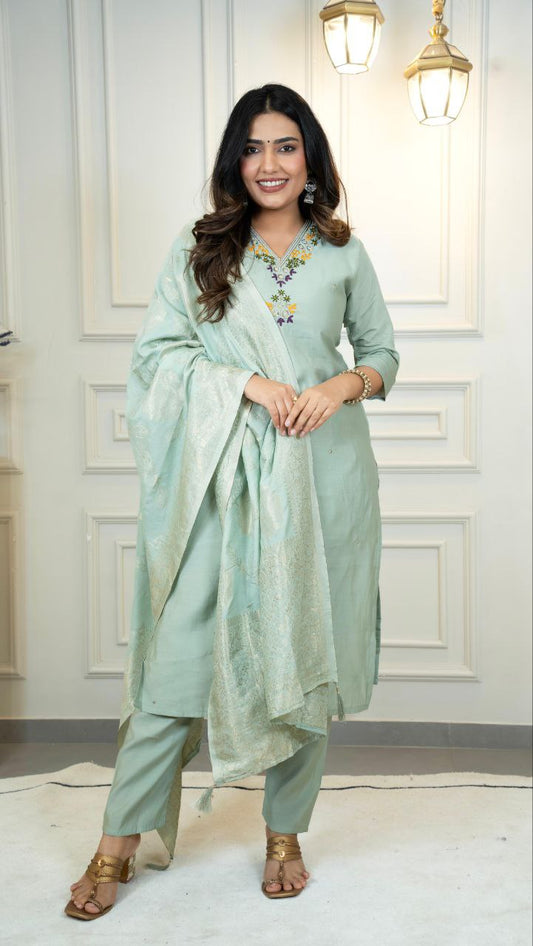 Lorenvalley Fashion Seagreen Roman Silk Hand Work Kurta Pant with Dupatta 