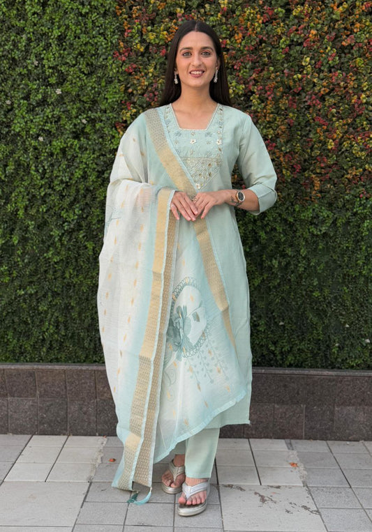 Lorenvalley Fashion Seagreen Roman Silk Hand Work Kurta Pant with Dupatta 