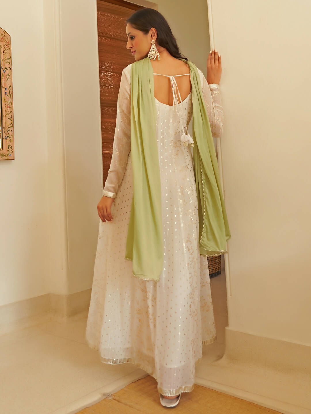 Janasya Women's White Chiffon Lurex Foil Printed Festive Anarkali Kurta Set 